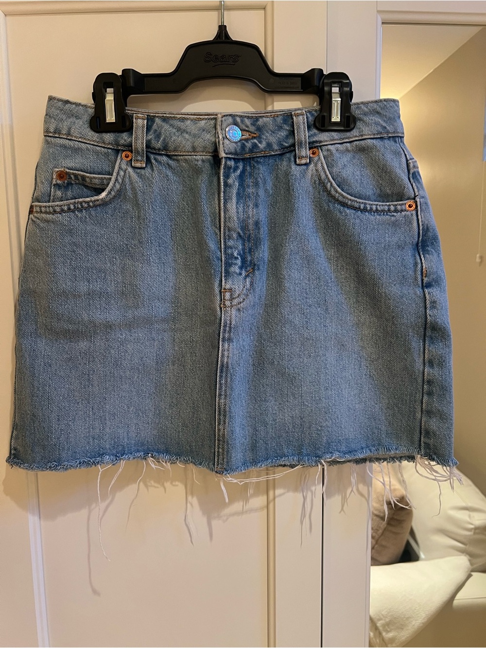Topshop Light Blue Denim Mini Skirt with Frayed Hem